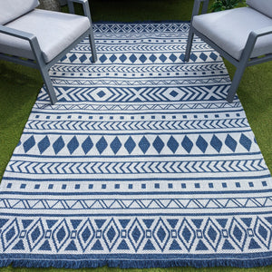 Scandi Navy Fringed Flatweave Outdoor Rug - Casa