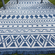 Load image into Gallery viewer, Scandi Navy Fringed Flatweave Outdoor Rug - Casa