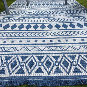 Scandi Navy Fringed Flatweave Outdoor Rug - Casa